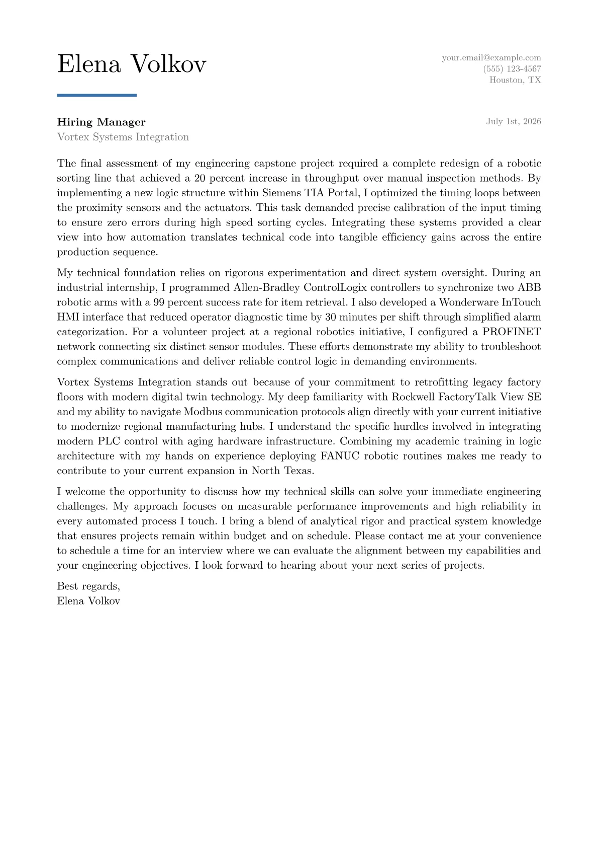 Automation Engineer cover letter in the Executive design