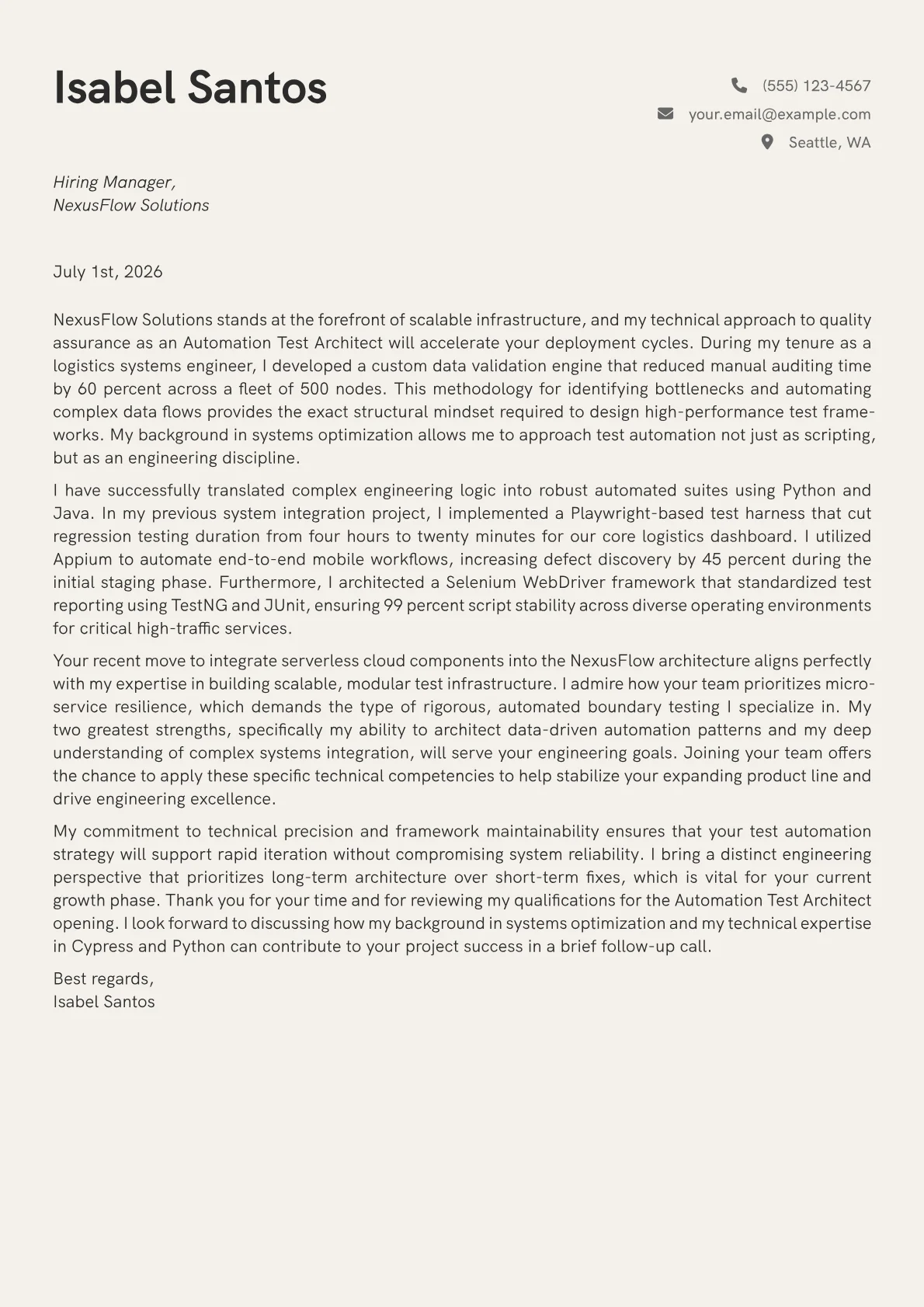 Automation Test Architect cover letter in the Creative design