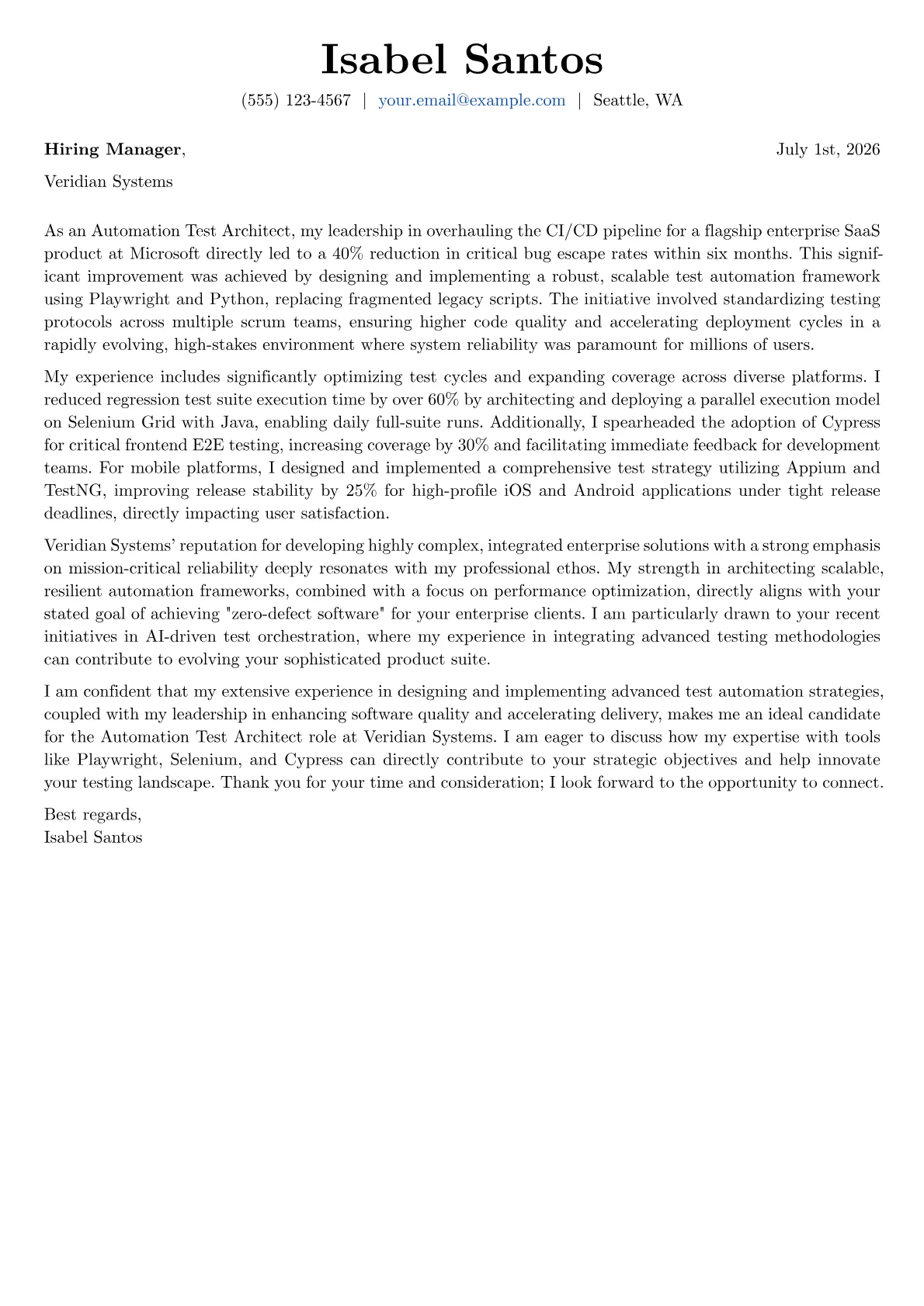 Automation Test Architect cover letter formatted with a JobSprout template