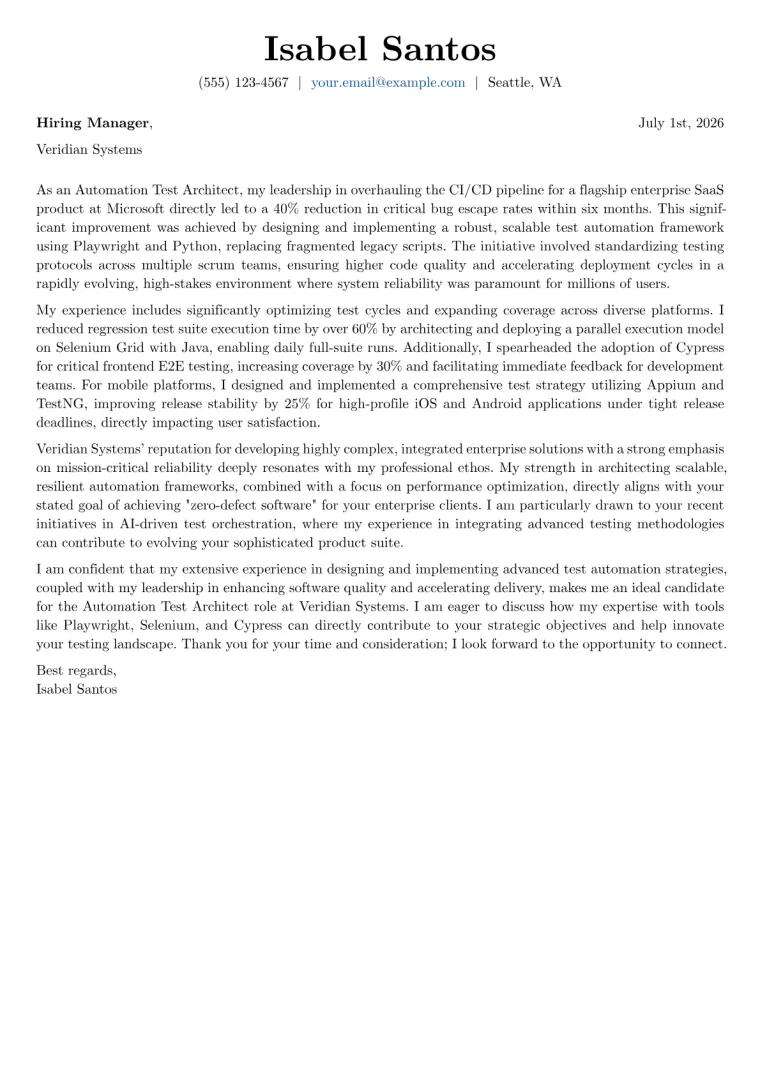 Automation Test Architect cover letter example preview