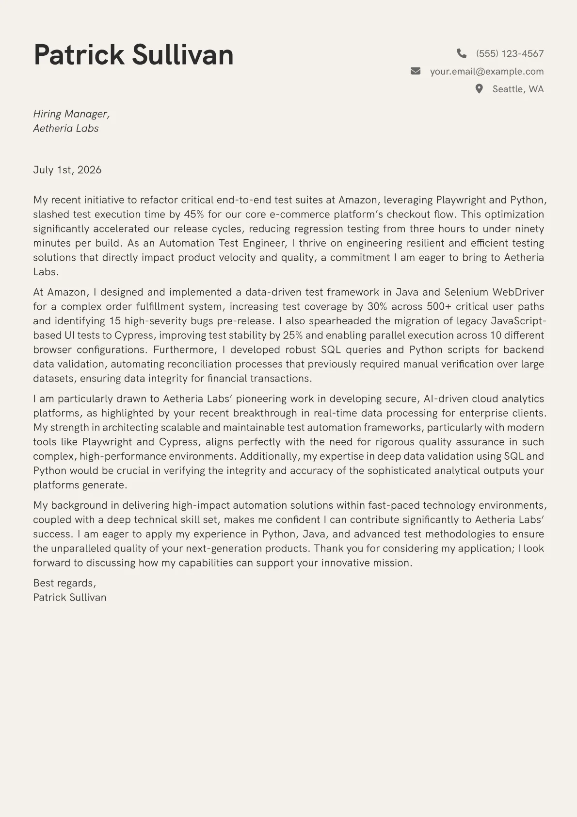 Automation Test Engineer cover letter formatted with a JobSprout template