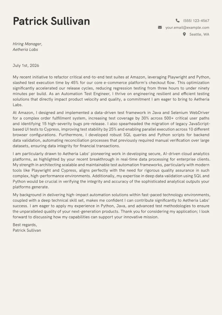 Automation Test Engineer cover letter example preview