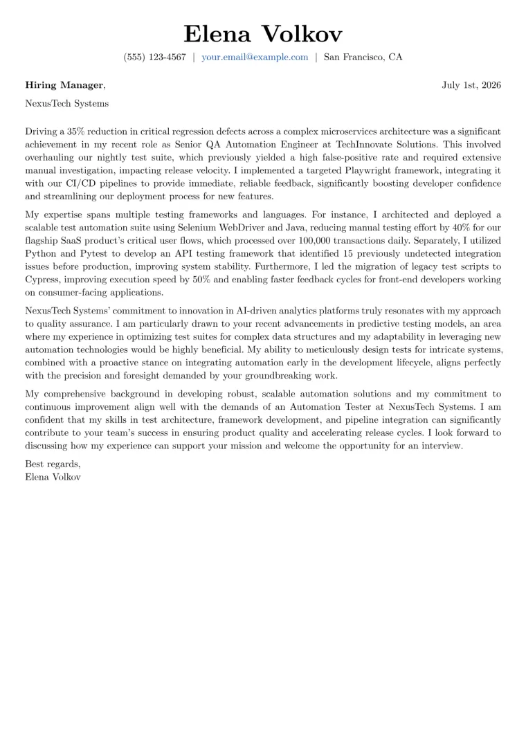 Automation Tester Cover Letter Example