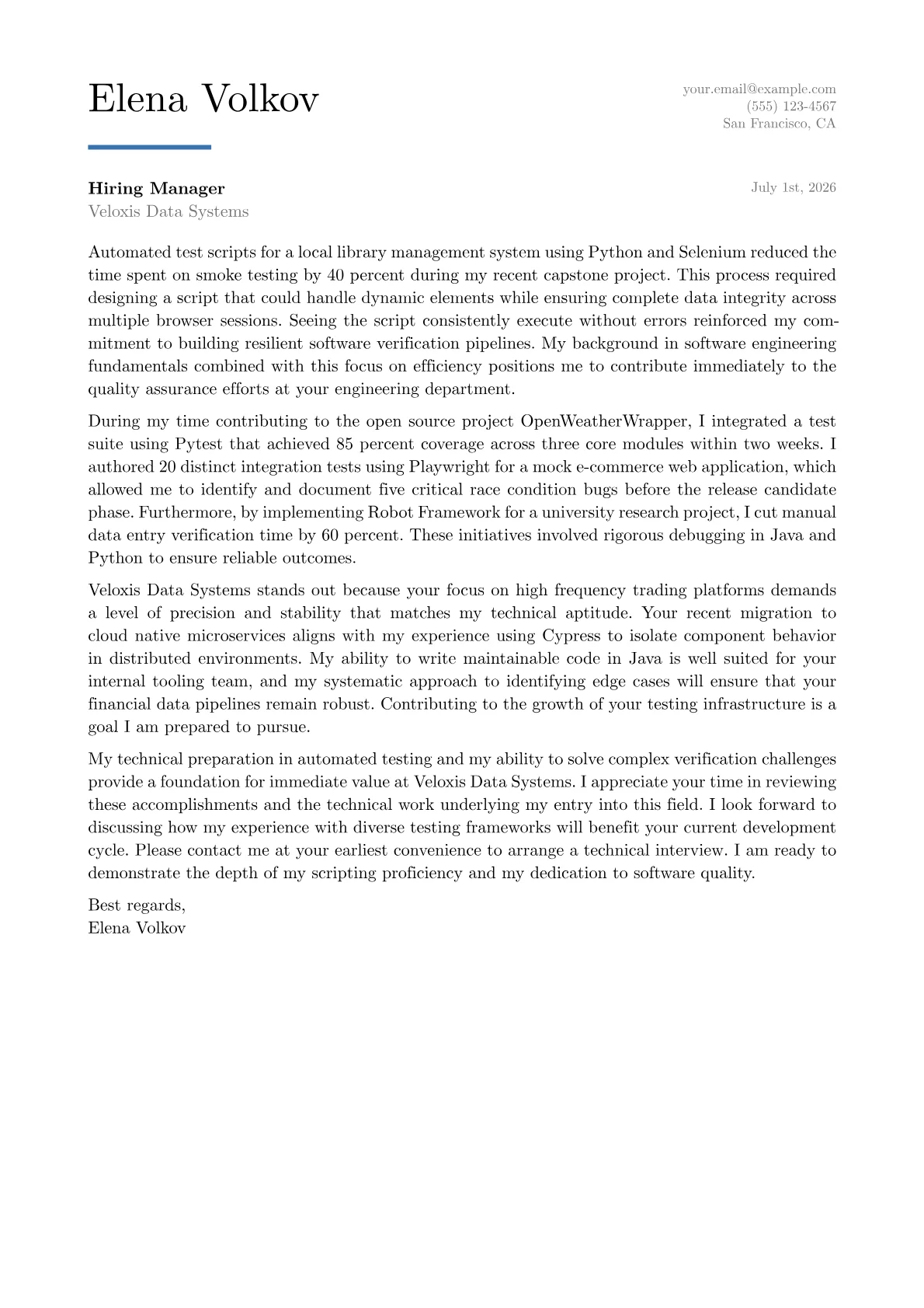 Automation Tester cover letter in the Executive design