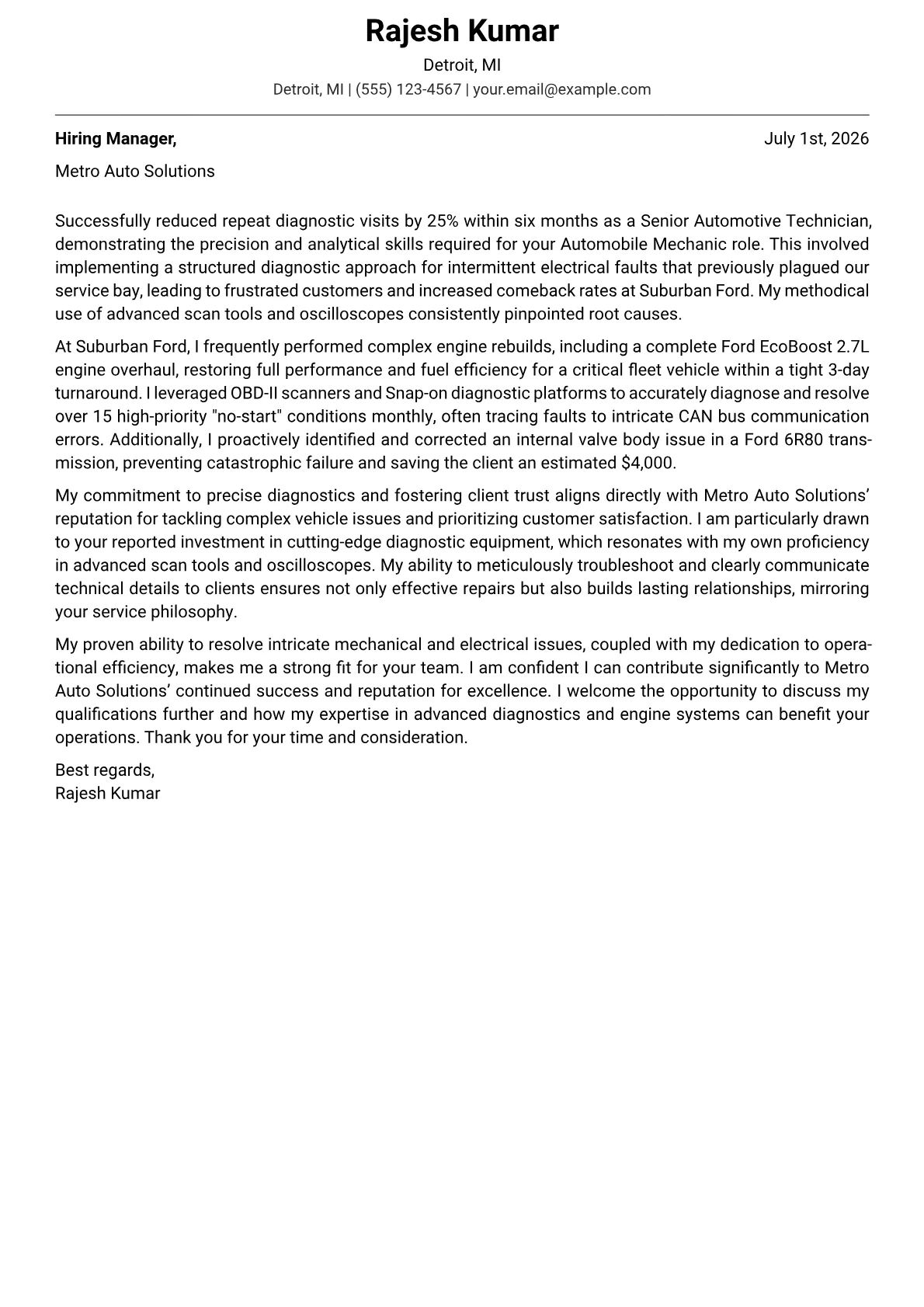 Automobile Mechanic cover letter formatted with a JobSprout template