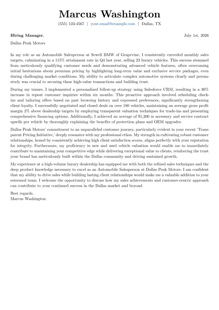 Automobile Salesperson cover letter example preview