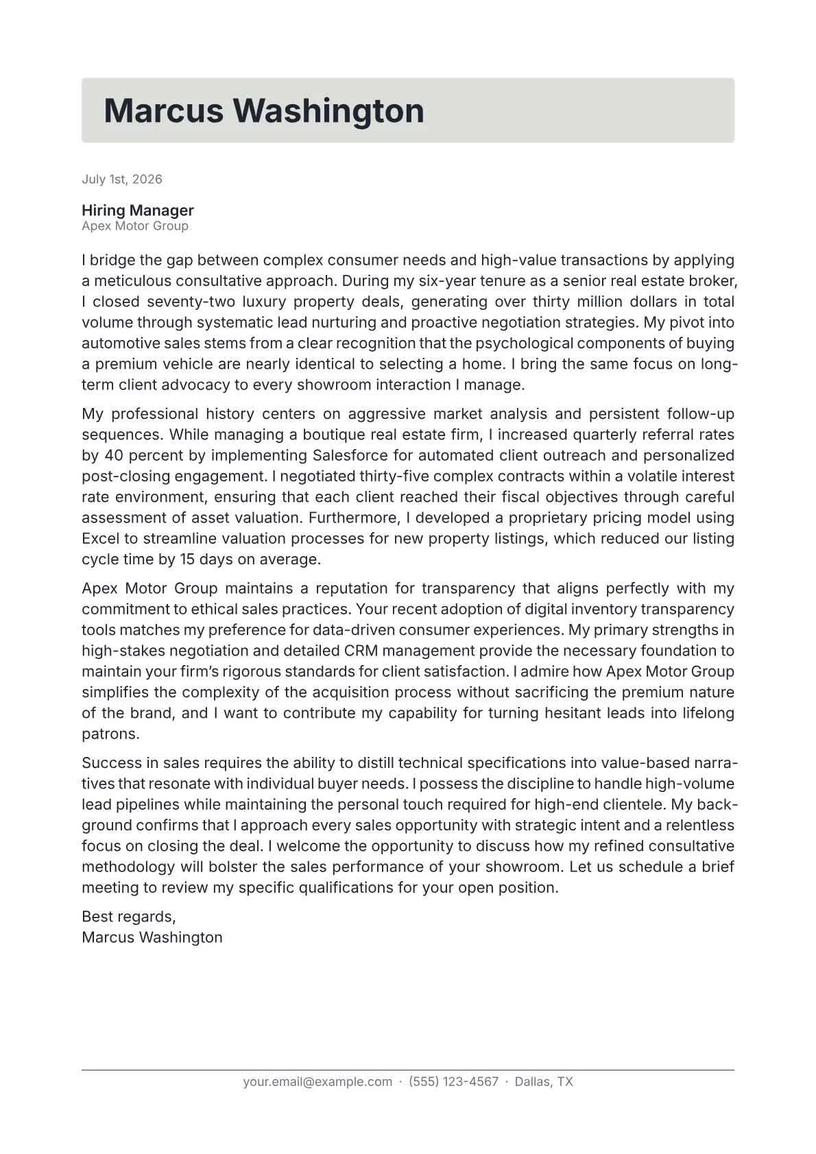 Automobile Salesperson cover letter in the Letterhead design