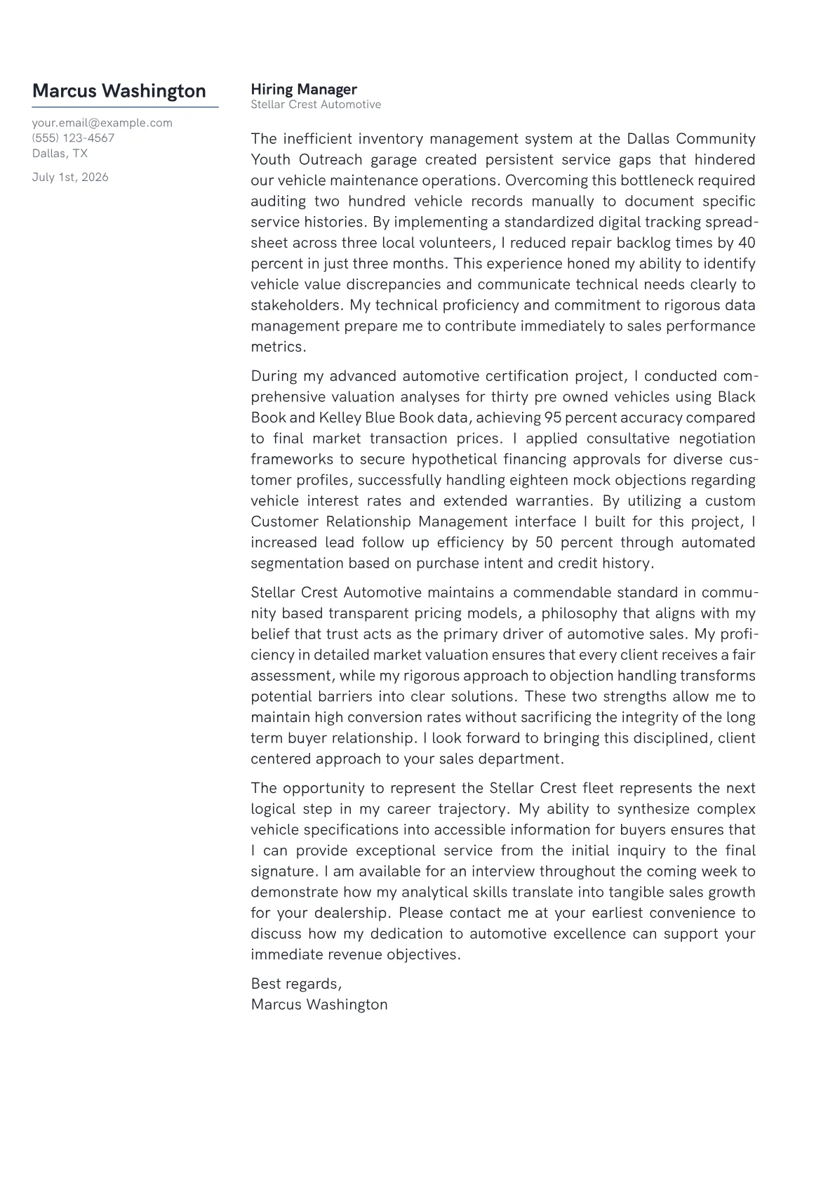 Automobile Salesperson cover letter in the Margin design