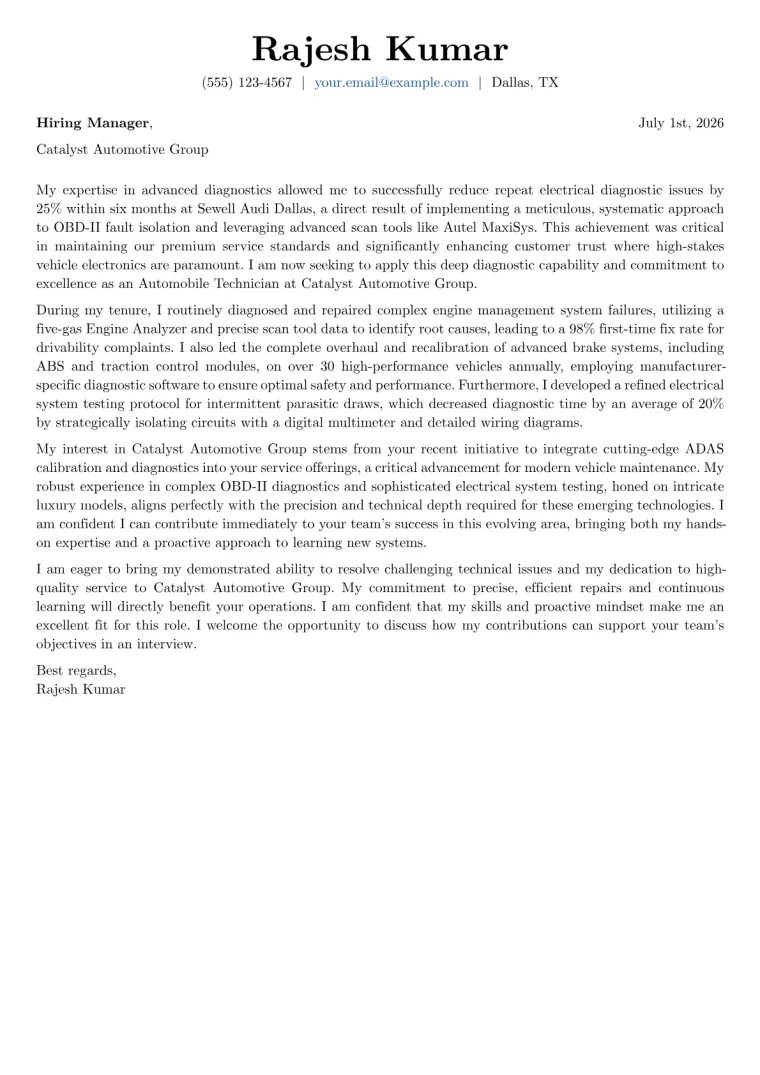 Automobile Technician Cover Letter Example