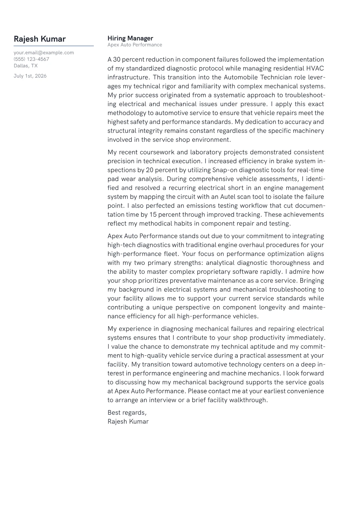 Automobile Technician cover letter in the Margin design