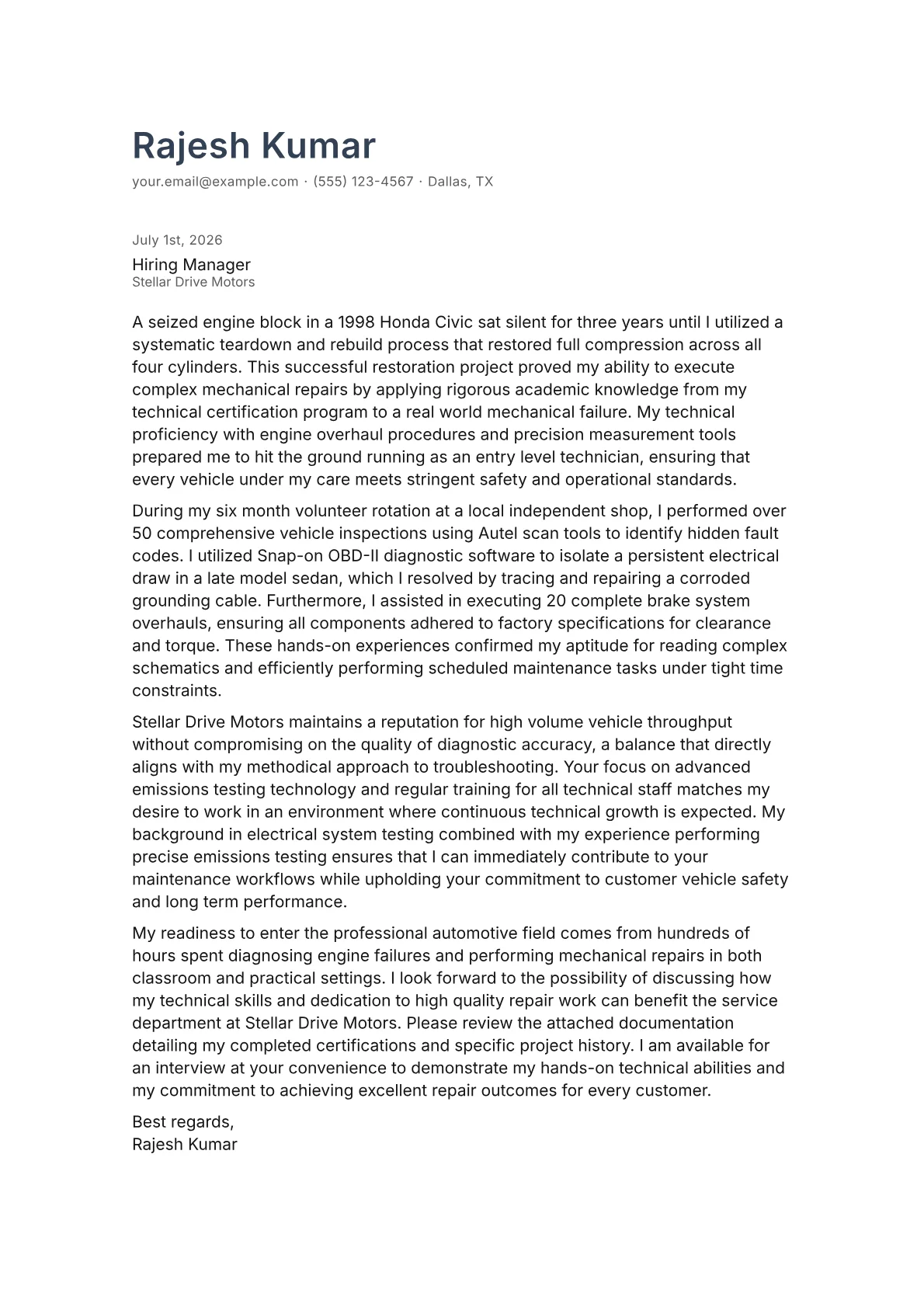 Automobile Technician cover letter in the Minimal design