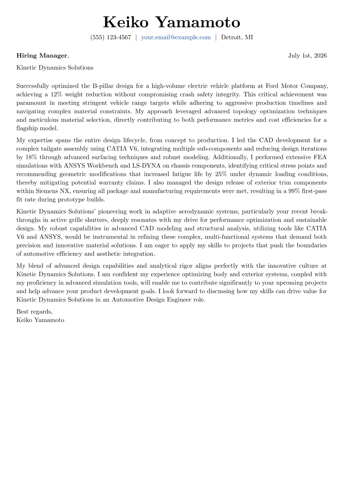 Automotive Design Engineer cover letter formatted with a JobSprout template