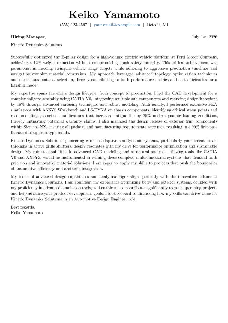 Automotive Design Engineer cover letter example preview