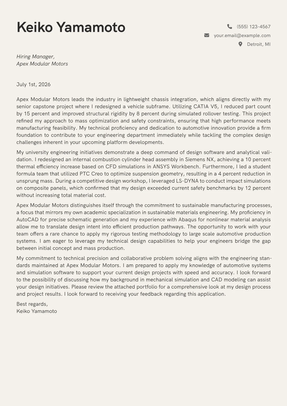 Automotive Design Engineer cover letter in the Creative design