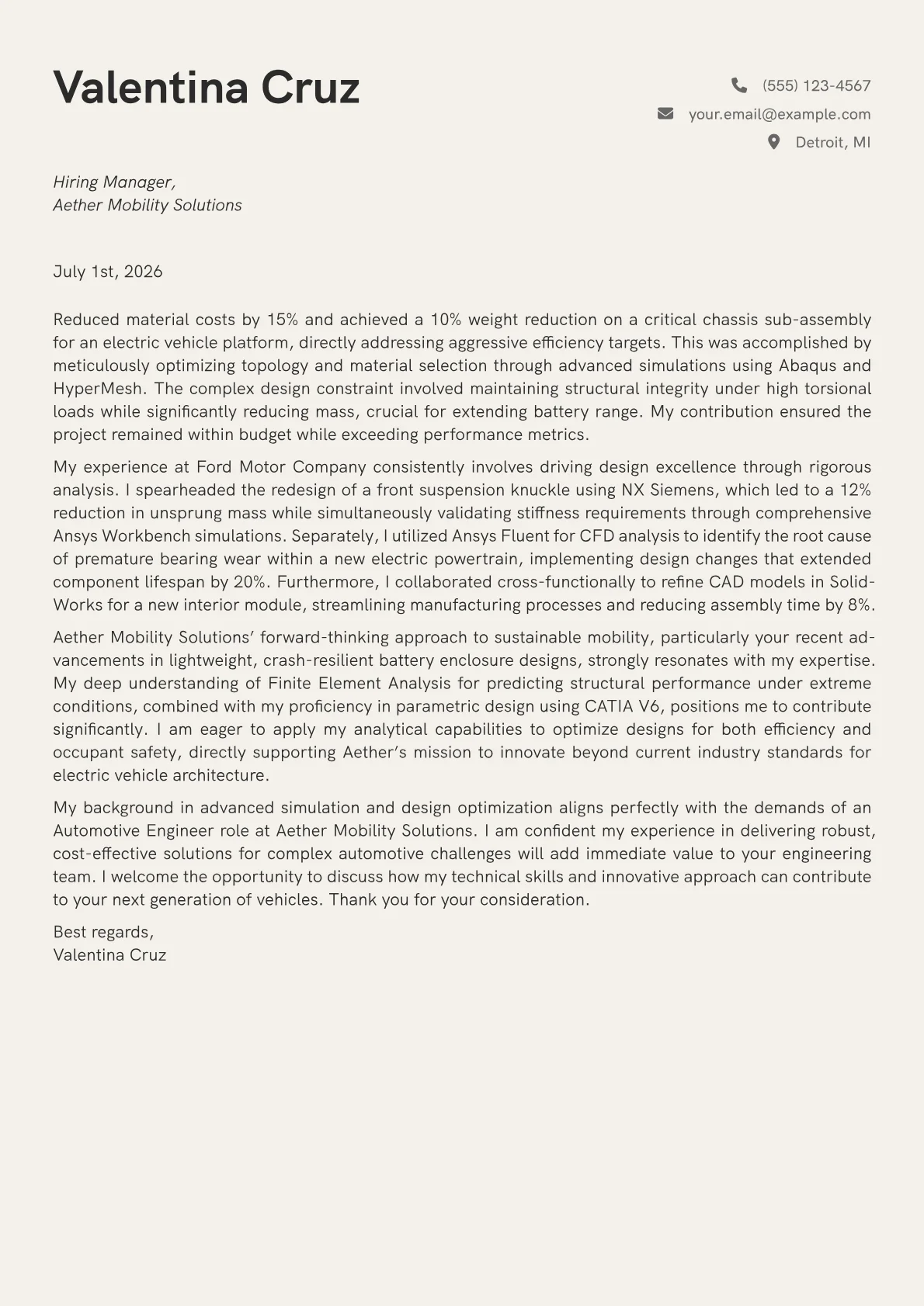 Automotive Engineer cover letter formatted with a JobSprout template
