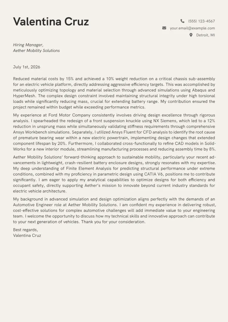 Automotive Engineer cover letter example preview