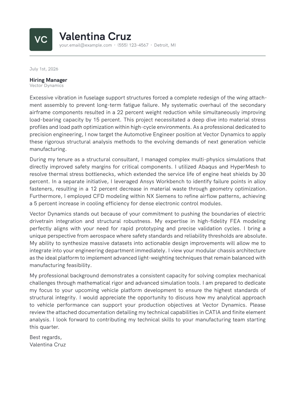 Automotive Engineer cover letter in the Emblem design