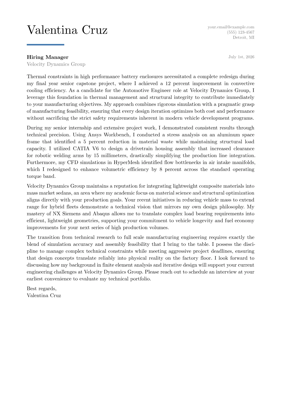 Automotive Engineer cover letter in the Executive design