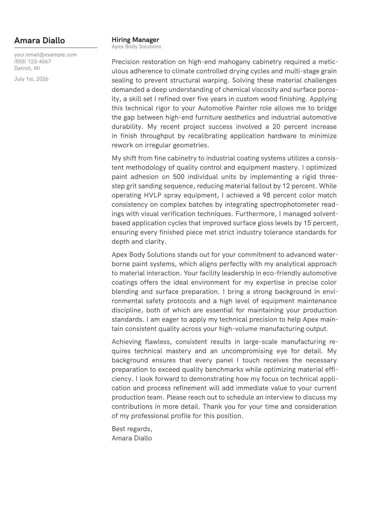 Automotive Painter cover letter in the Margin design