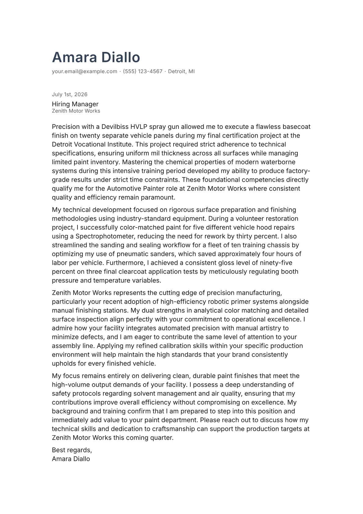 Automotive Painter cover letter in the Minimal design