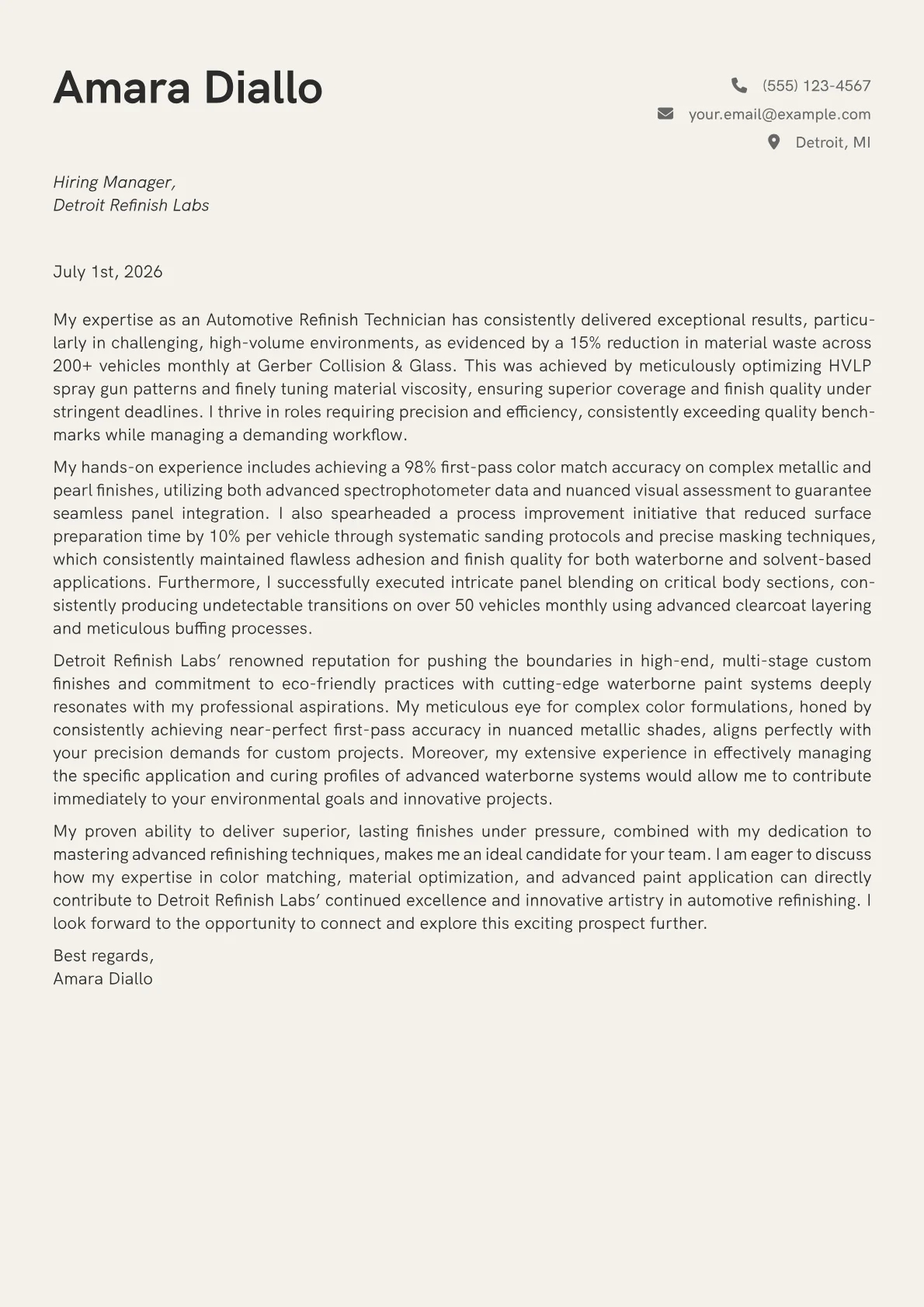 Automotive Painter cover letter formatted with a JobSprout template
