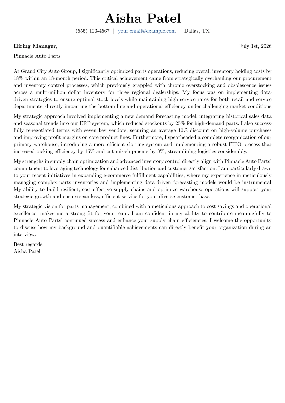 Automotive Parts Manager cover letter formatted with a JobSprout template