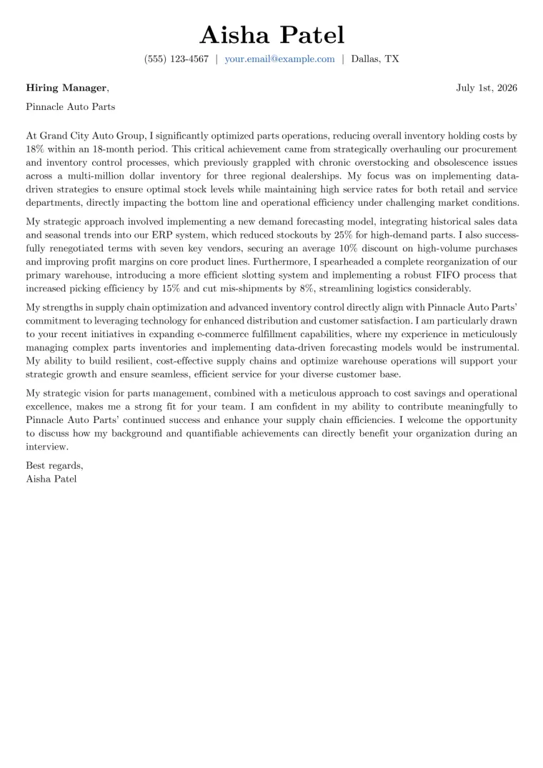 Automotive Parts Manager cover letter example preview