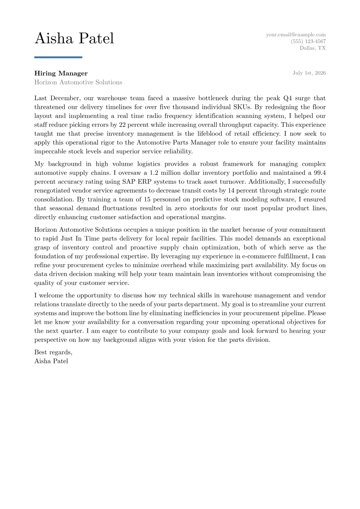 Automotive Parts Manager cover letter in the Executive design