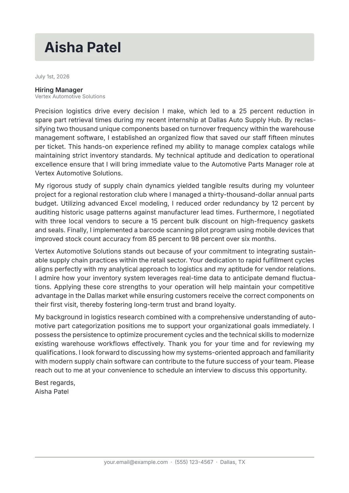 Automotive Parts Manager cover letter in the Letterhead design