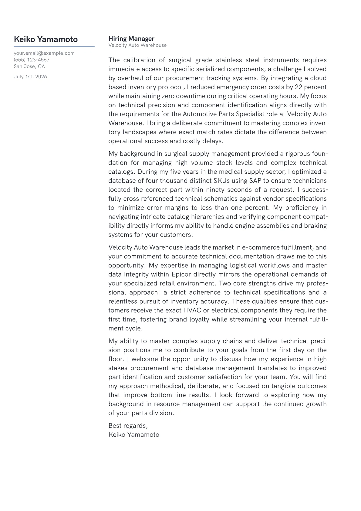 Automotive Parts Specialist cover letter in the Margin design