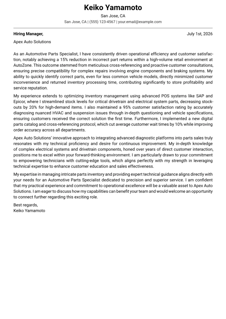 Automotive Parts Specialist cover letter example preview