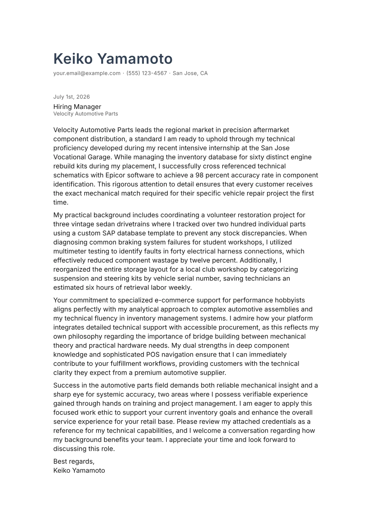 Automotive Parts Specialist cover letter in the Minimal design