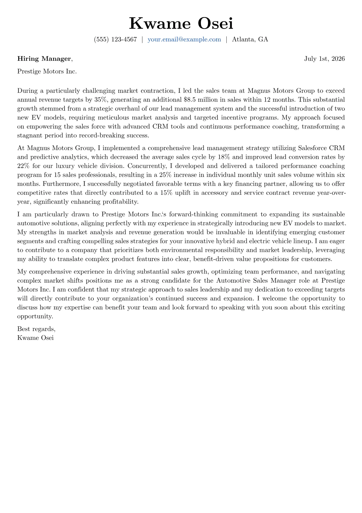 Automotive Sales Manager cover letter formatted with a JobSprout template