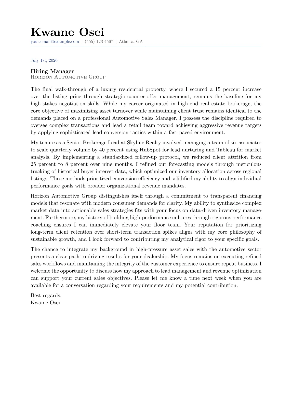 Automotive Sales Manager cover letter in the Classic design