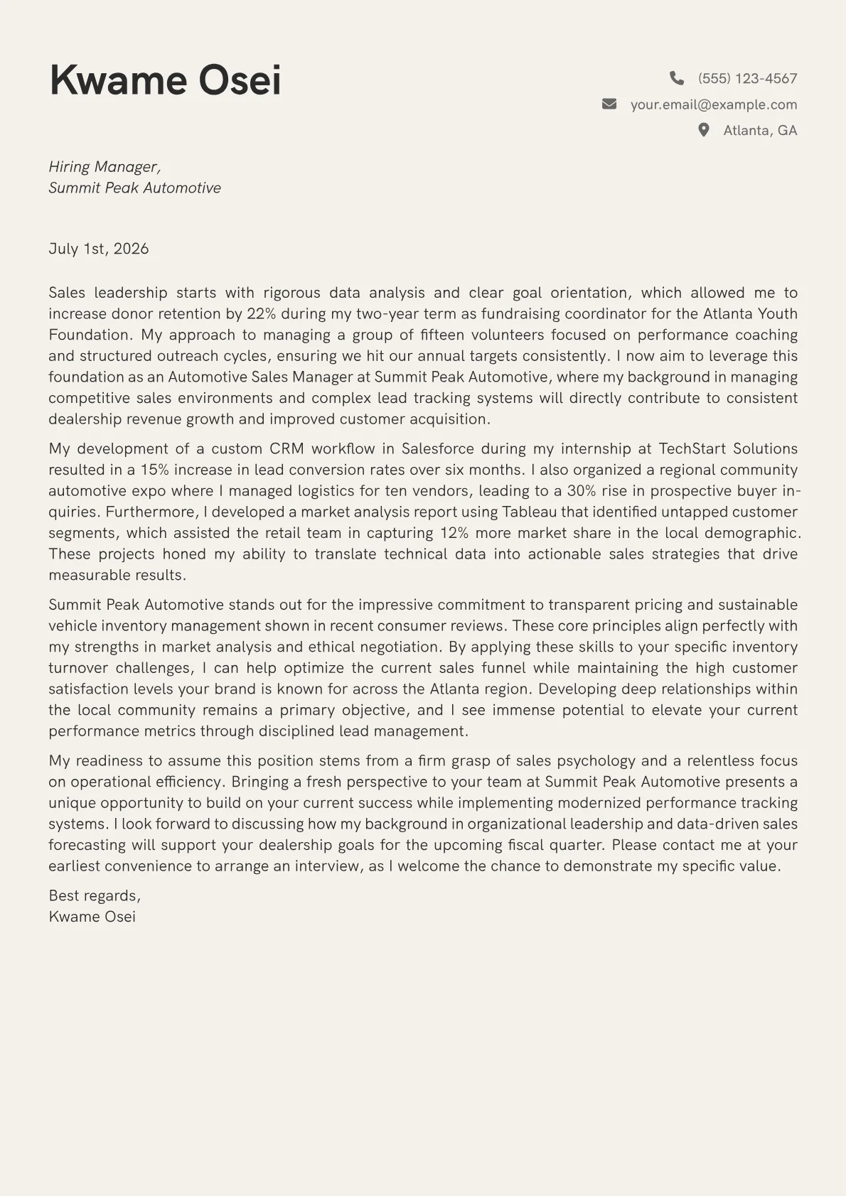Automotive Sales Manager cover letter in the Creative design