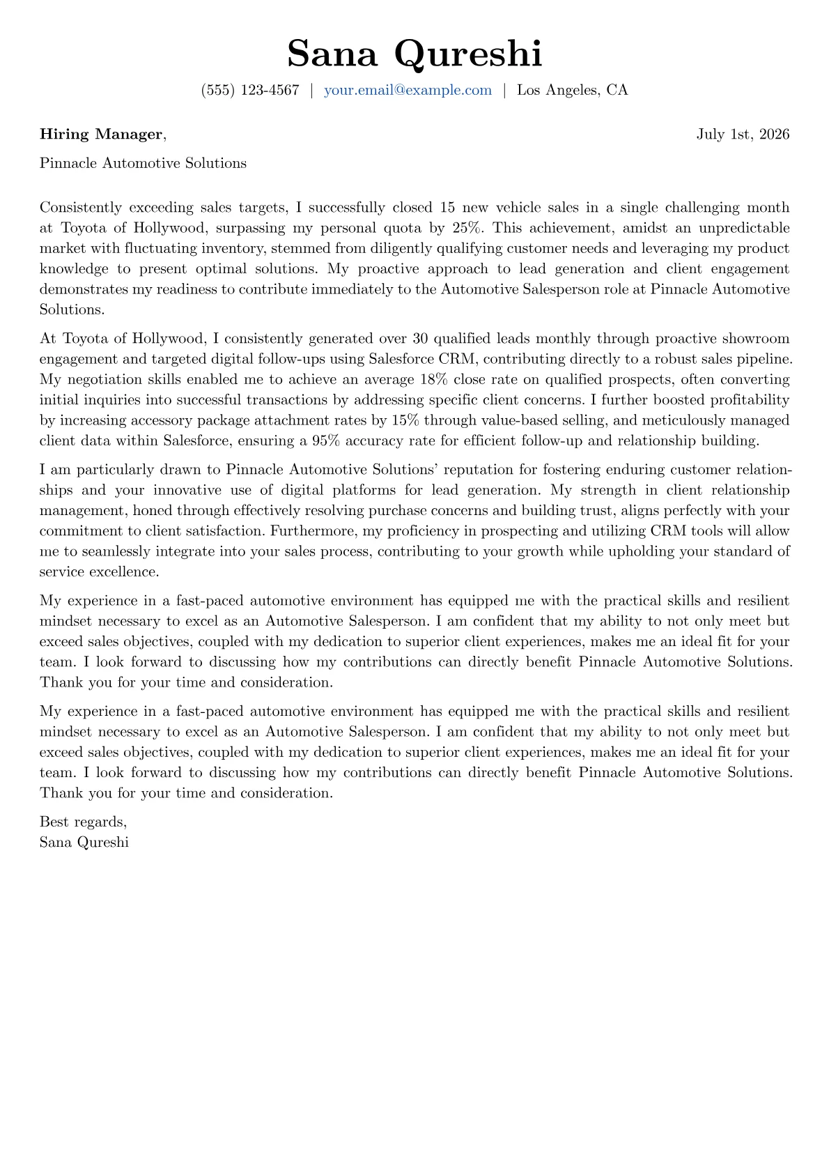 Automotive Salesperson cover letter formatted with a JobSprout template