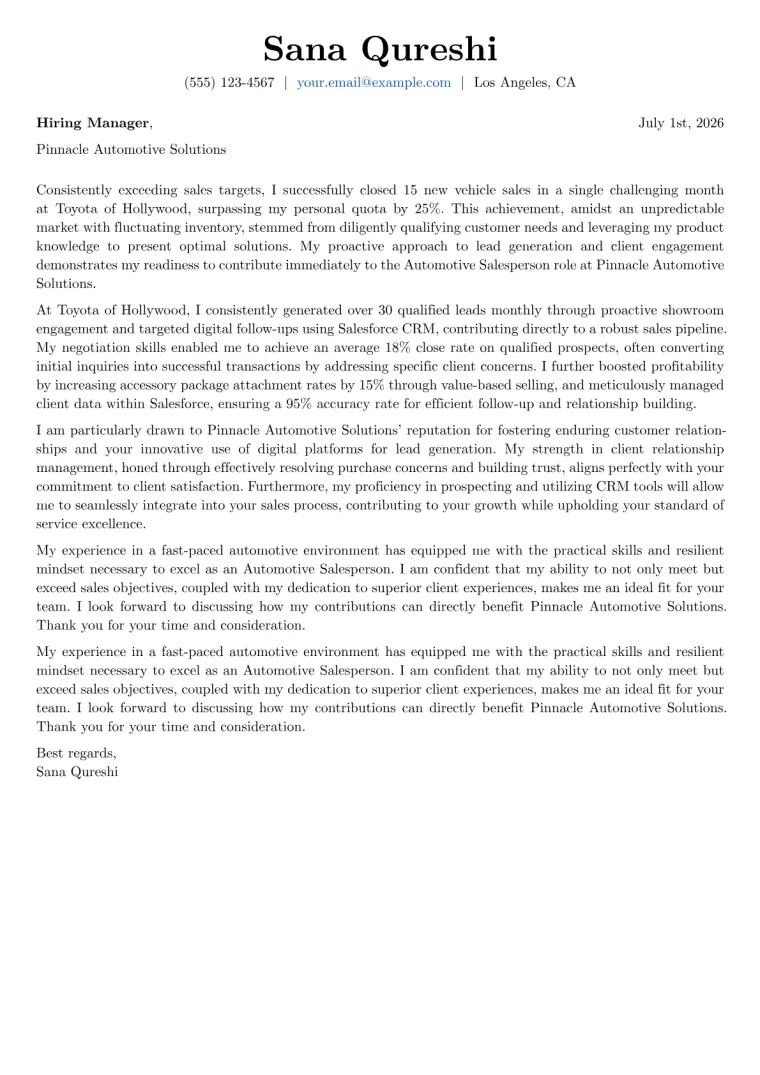 Automotive Salesperson Cover Letter Example