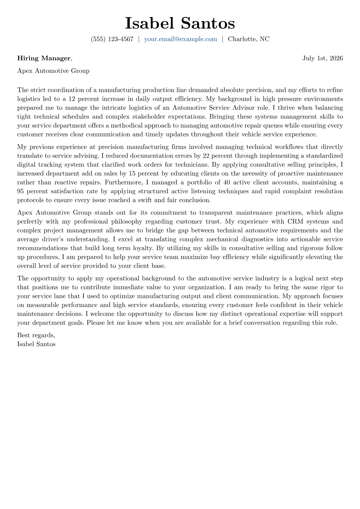 Automotive Service Advisor cover letter in the Basic design