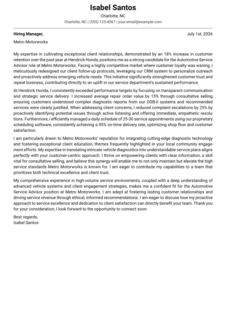 Automotive Service Advisor Cover Letter Example