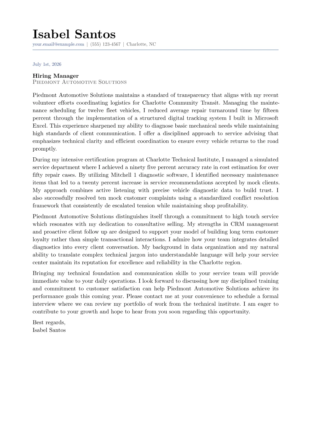 Automotive Service Advisor cover letter in the Classic design