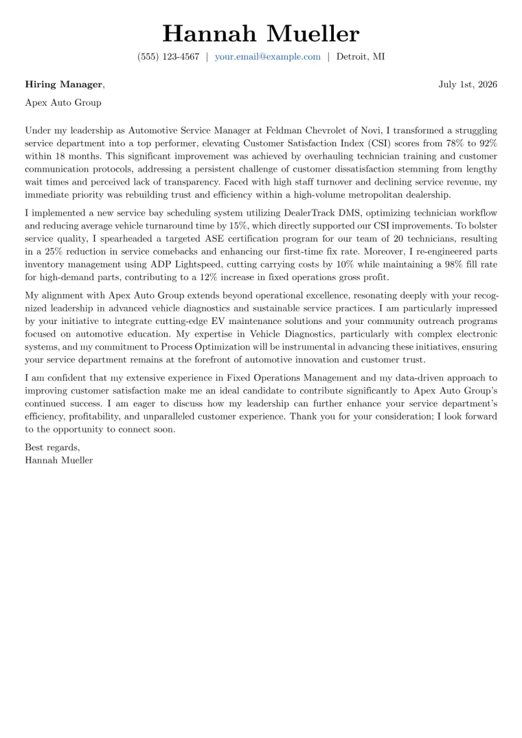 Automotive Service Manager Cover Letter Example