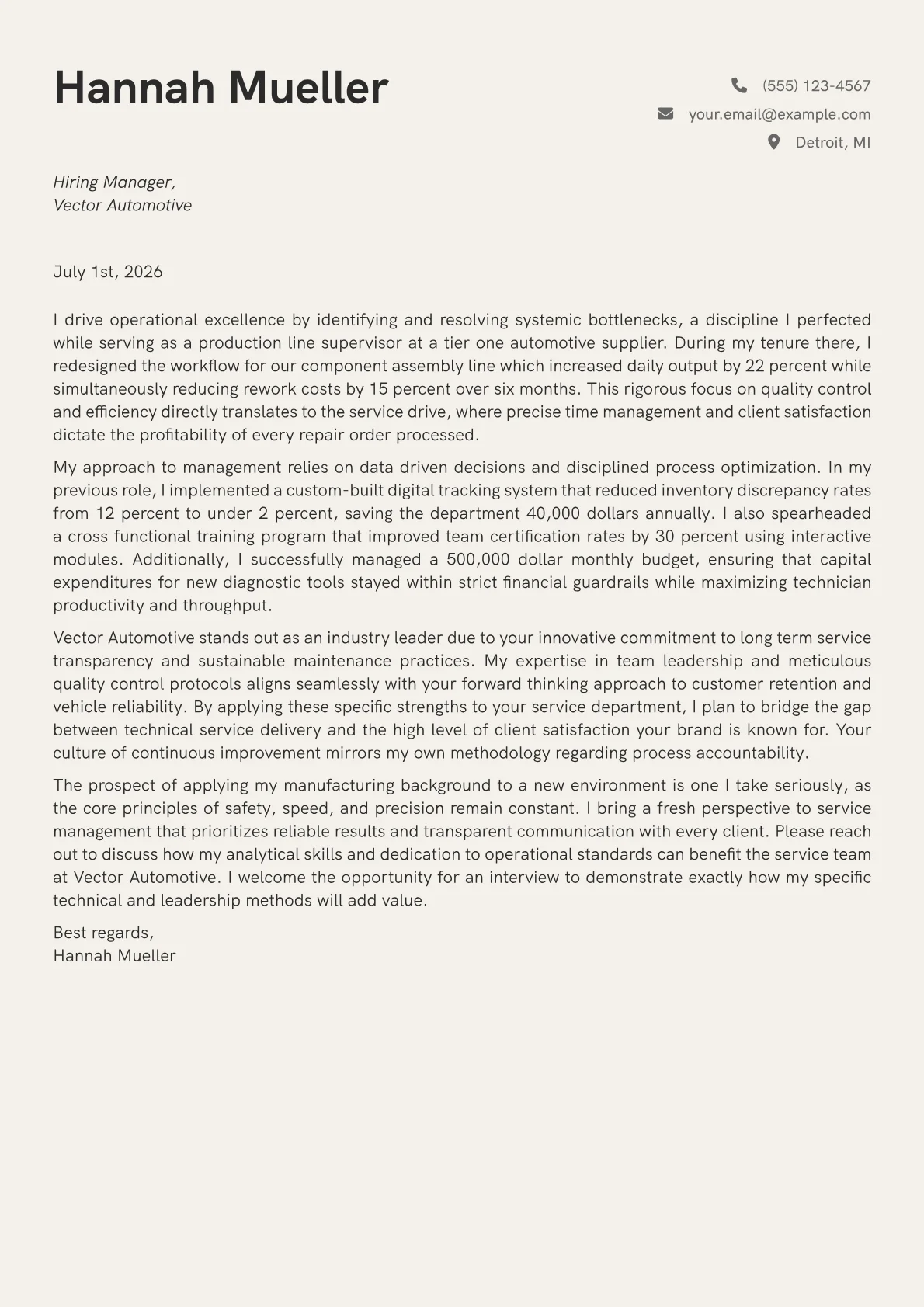 Automotive Service Manager cover letter in the Creative design