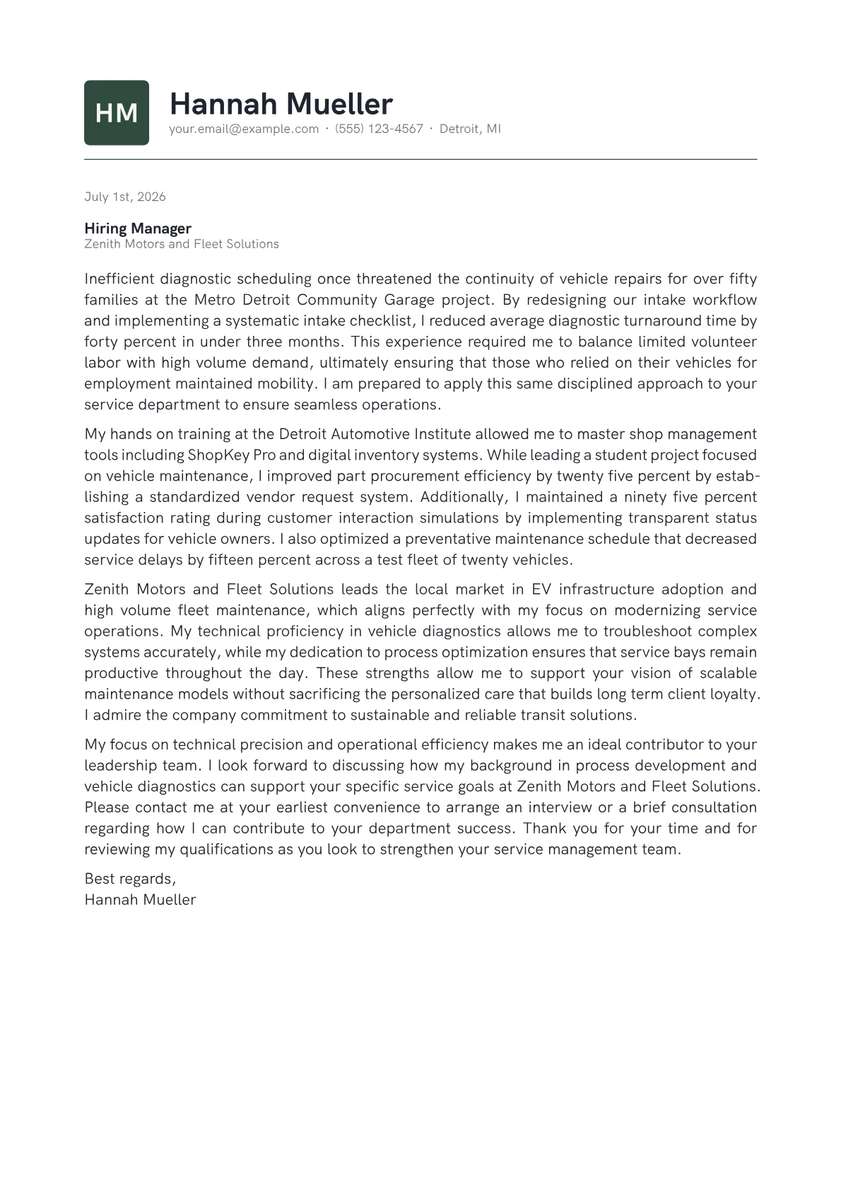 Automotive Service Manager cover letter in the Emblem design