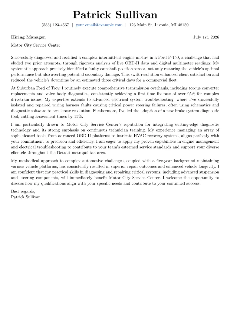 Automotive Technician cover letter example preview