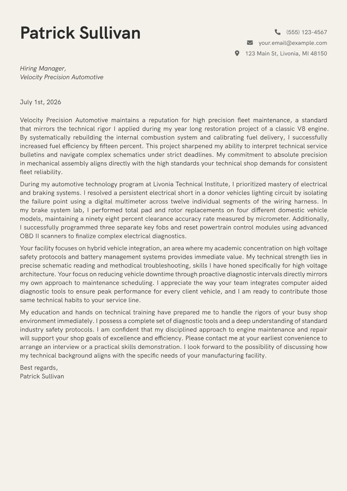 Automotive Technician cover letter in the Creative design