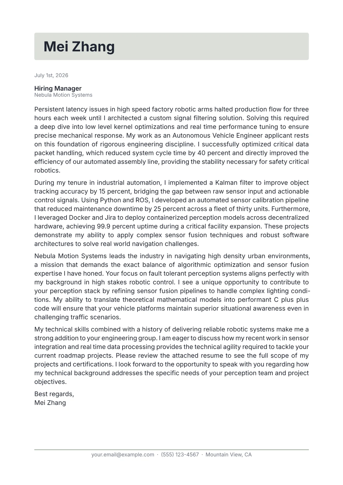 Autonomous Vehicle Engineer cover letter in the Letterhead design