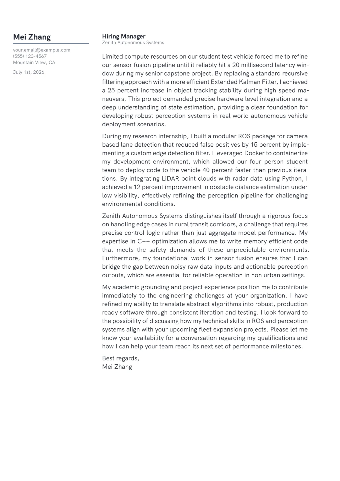 Autonomous Vehicle Engineer cover letter in the Margin design