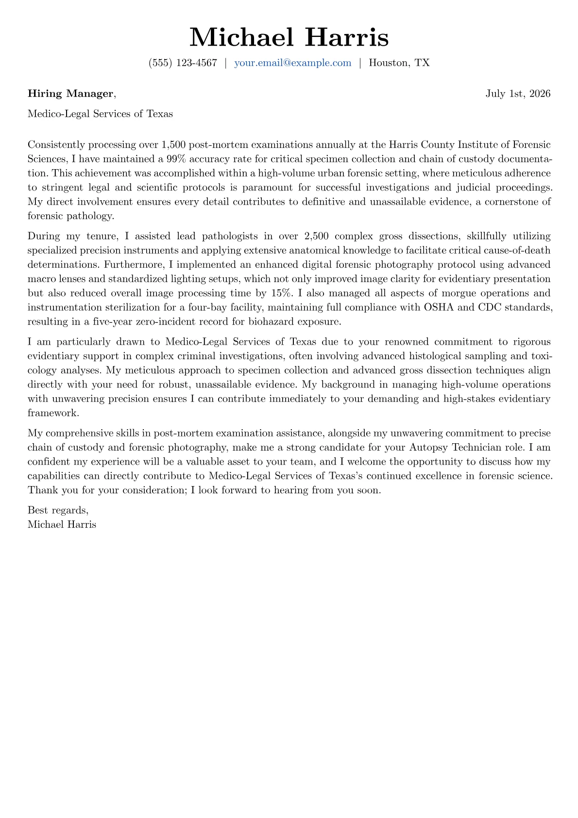 Autopsy Technician cover letter formatted with a JobSprout template