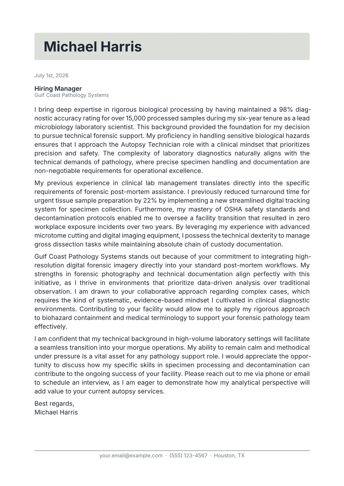 Autopsy Technician cover letter in the Letterhead design