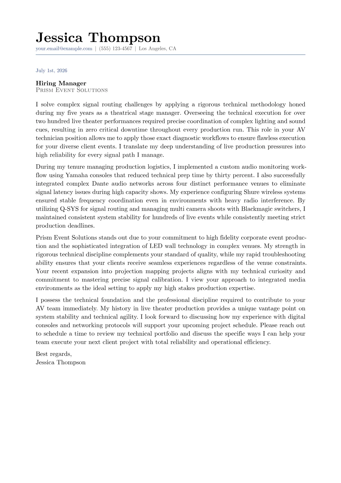 AV Technician cover letter in the Classic design